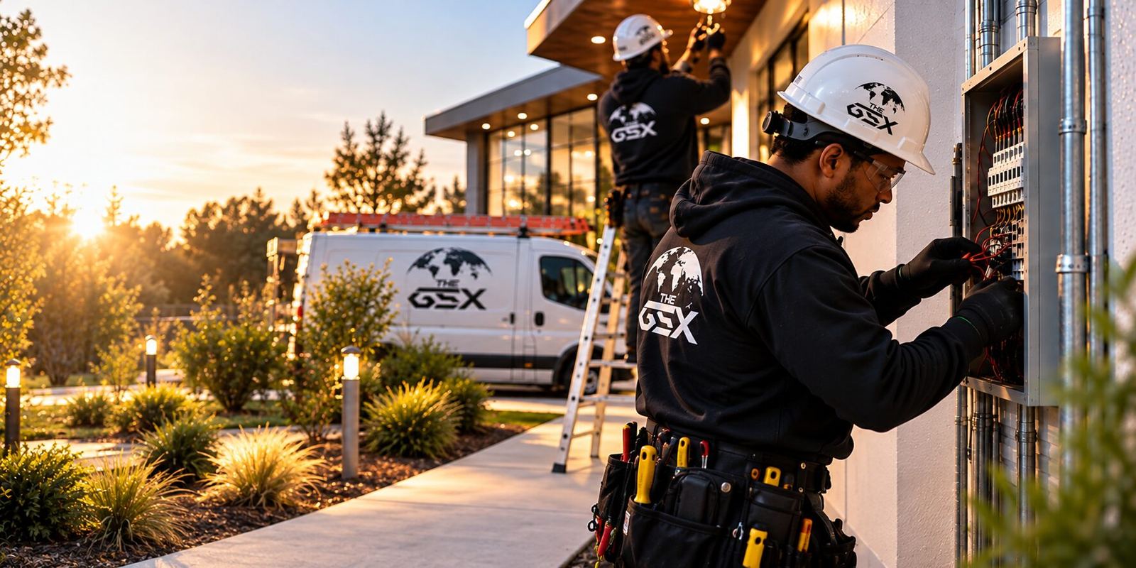 GSX technician working at an electrical panel outside a modern home at sunset, with a branded GSX van behind